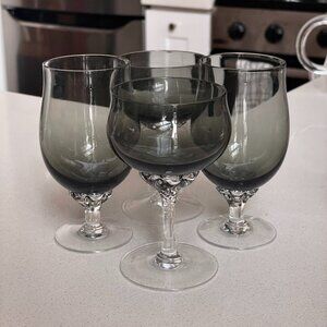 Vintage French Smoky Gray Glasses – 2 Coupes & 2 Goblets, Mid Century 1970s Bar